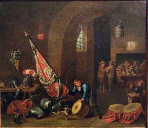 Cena de taberna com soldados em repouso e menino a brincar. Âmbito de Pieter De Bloot (Rotterdam 1601-1658)